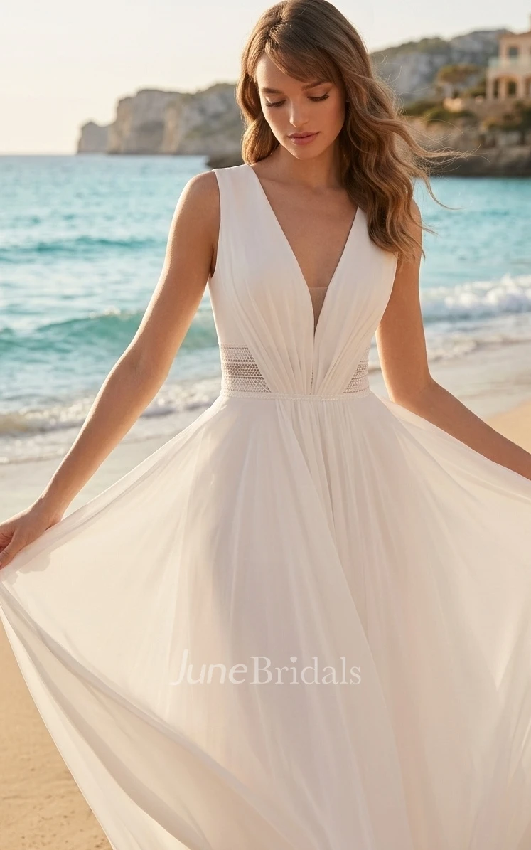 Solid Chic Chiffon Lace A-Line Plunging Neckline Spring Wedding Dress Simple Elegant Ethereal Floor-length Backless Sleeveless Bridal Gown with Train