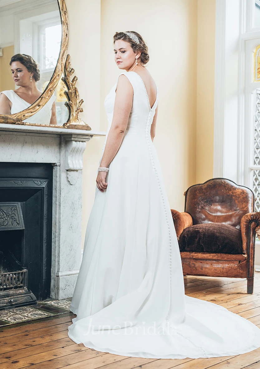 A-Line Long V-Neck Sleeveless Chiffon Court Train Low-V Back Beading Dress