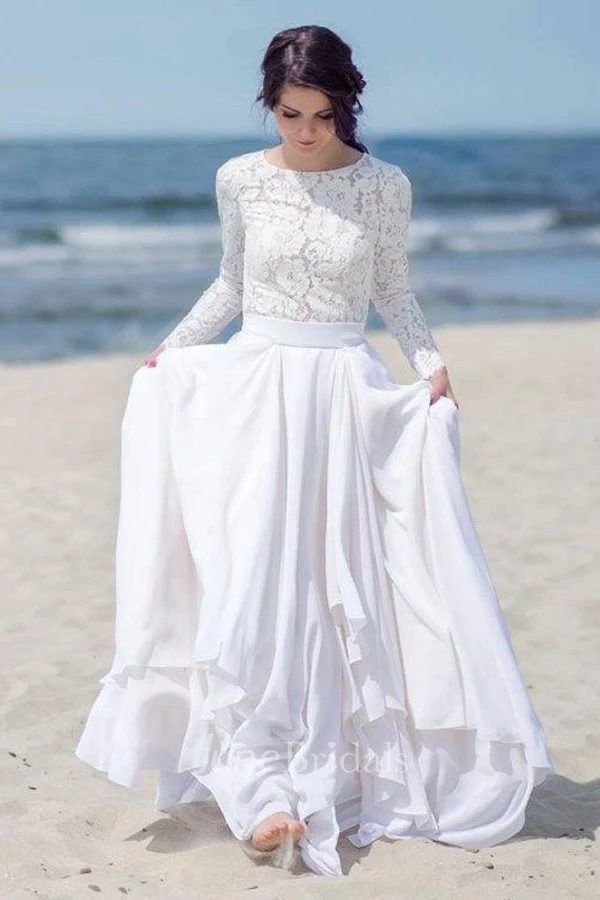 Long Sleeve Chiffon Satin Lace Lace-Up Corset Back Wedding Dress - June  Bridals