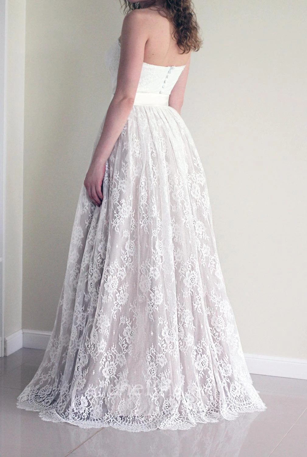 A-Line Sweetheart Pleated Long Lace and Tulle Skirt With Satin Sash