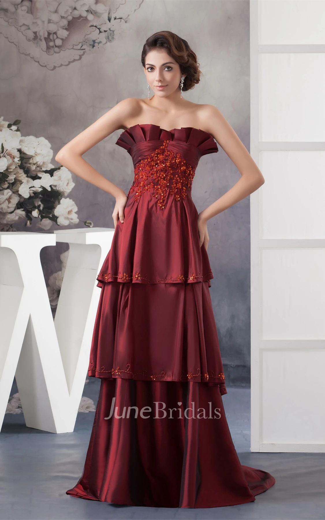Strapless Tiered A-Line Gown with Beading and Appliques