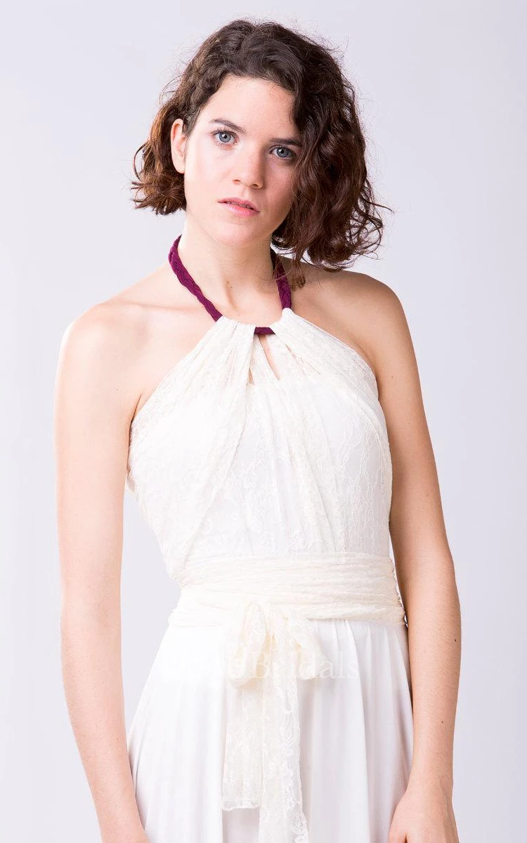 Boho Romantic Chiffon Wedding Dress With Lace Bodice and Halter Neck