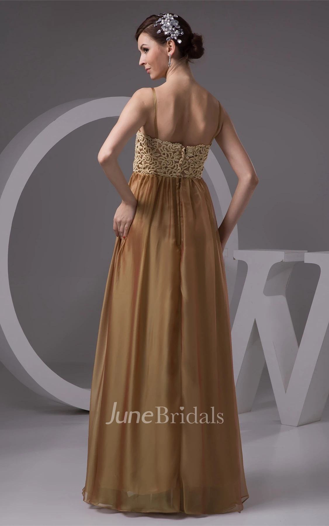 Spaghetti-Strap Floor-Length Gown with Pleats and Lace