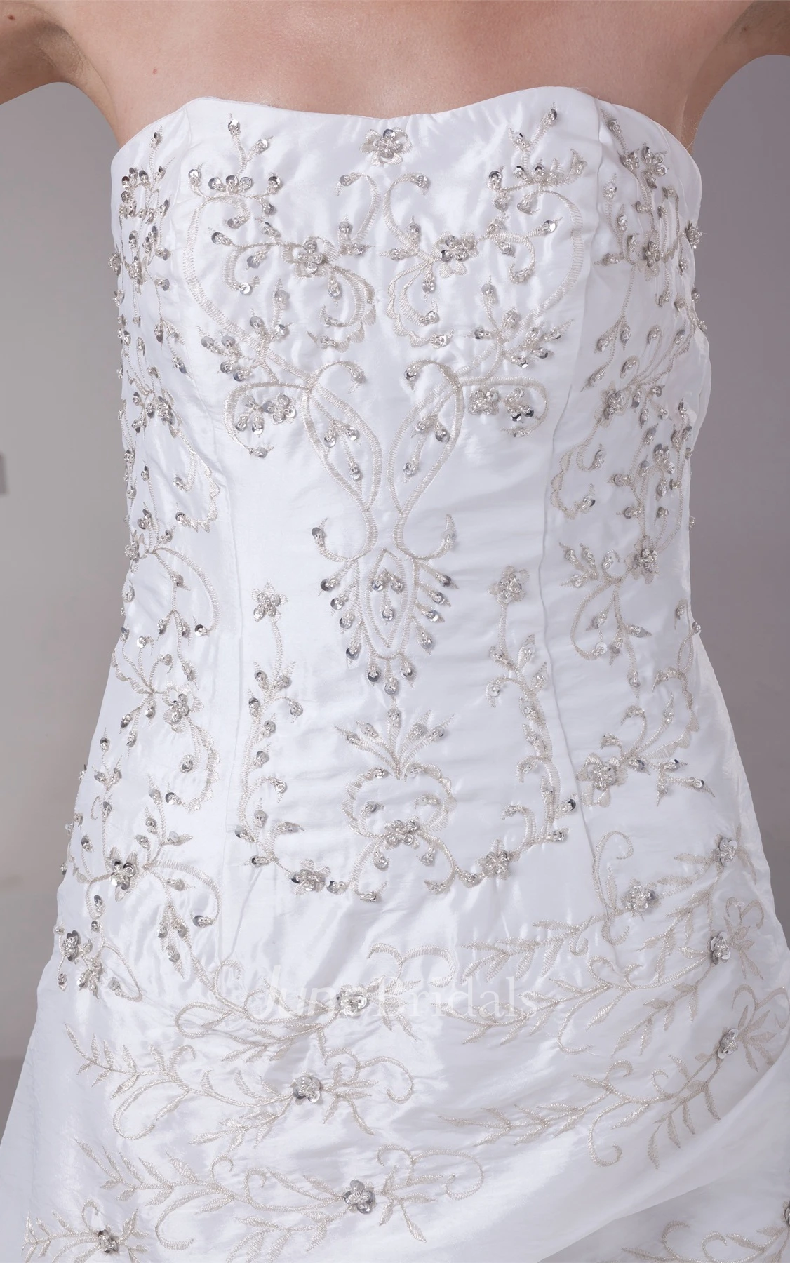 Strapless Embroidered Pick-Up Gown with Corset Back and Brush Train