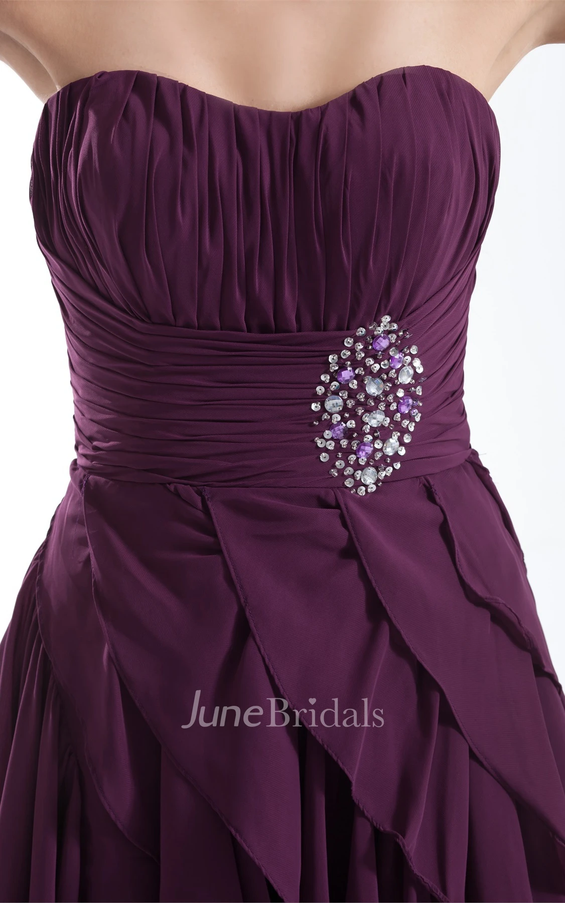 chiffon ruched high-low dress with cascading ruffles and beading