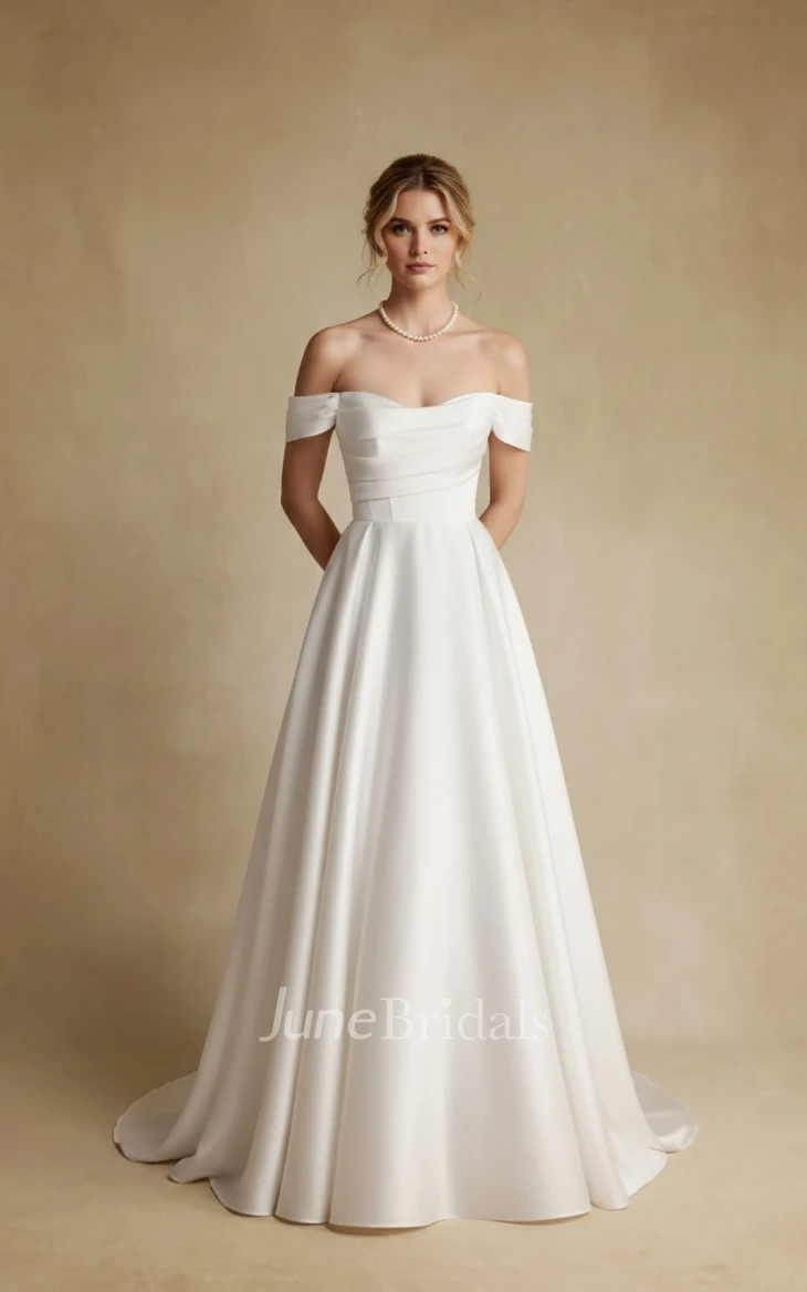 Minimalist A-Line Off-the-Shoulder Wedding Dress Modern Pleated Corset Back Bridal Gown