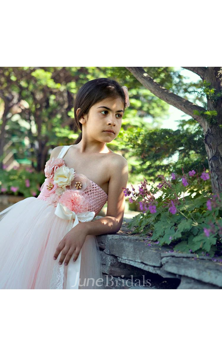 Lace One Shoulder Sleeveless Tulle Tutu Dress With Flowers
