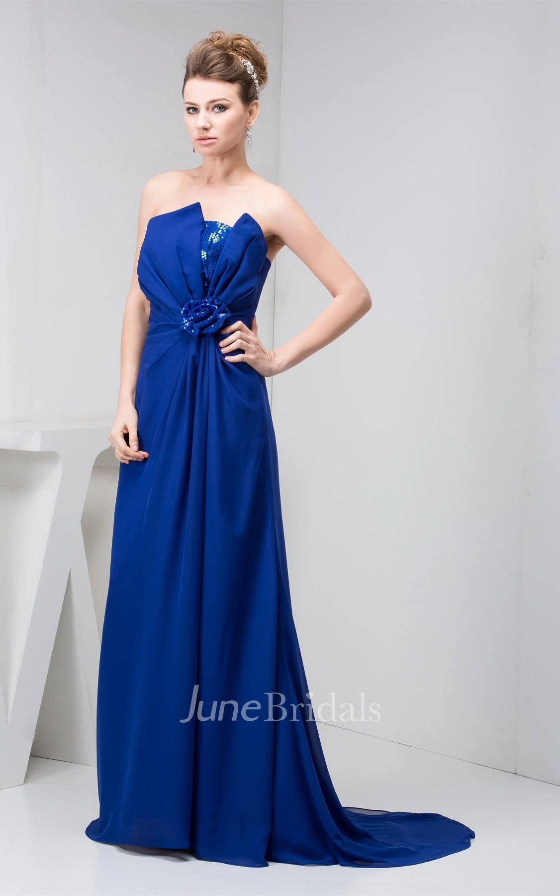 Strapless Chiffon Floor-Length Dress with Flower and Central Ruching