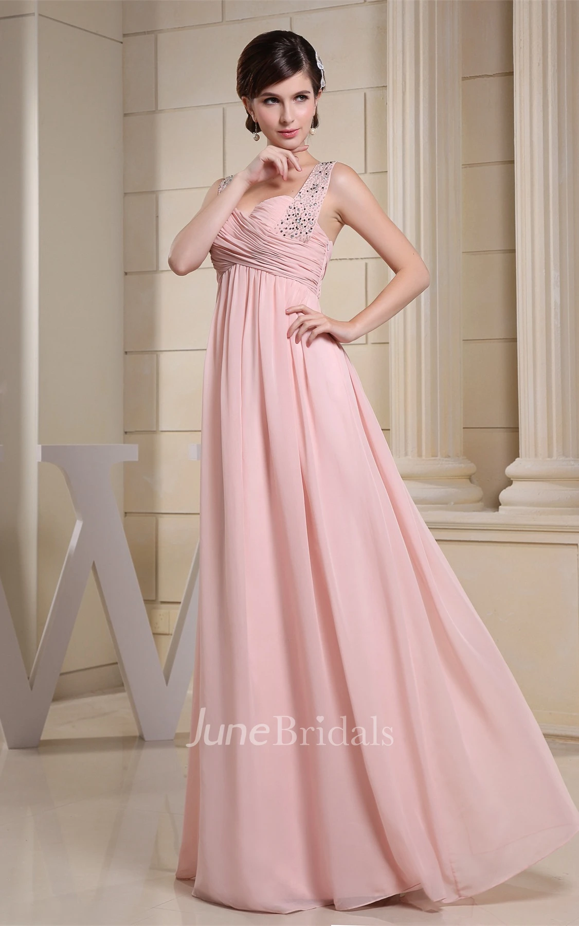 Strapped Chiffon Empire Dress with Pleats and Crystal Detailing