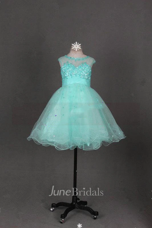 Cap Sleeve Jewel Neck Tulle Dress With Beadings and Illusion