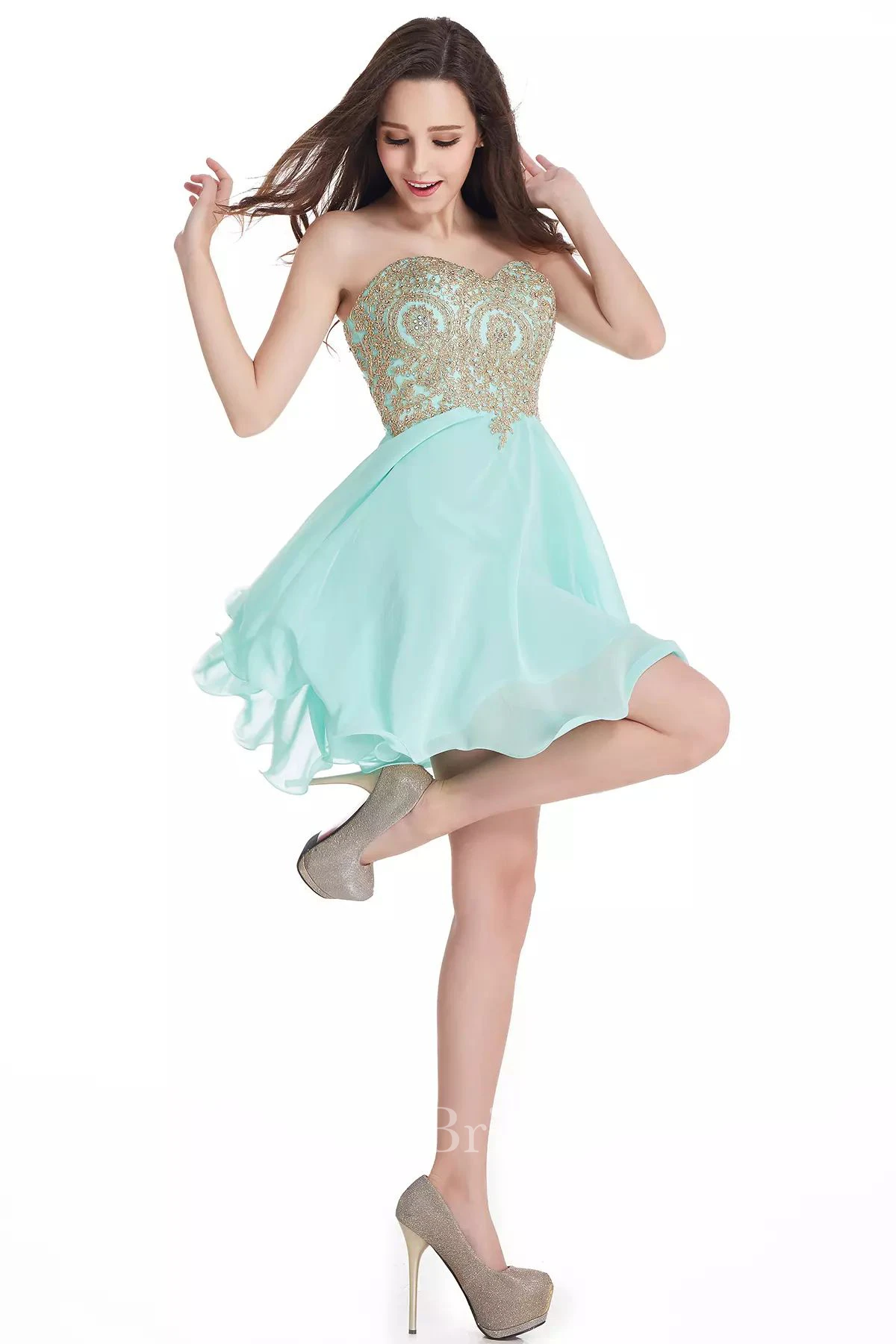 A-line Sweetheart Sleeveless Beading Lace Pleats Short Mini Chiffon Lace Homecoming Dress