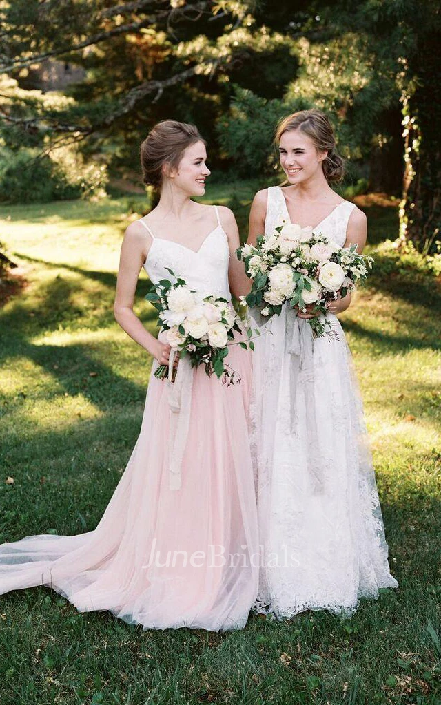 Two-Tone Spaghetti Tulle Dress With Low-V Back