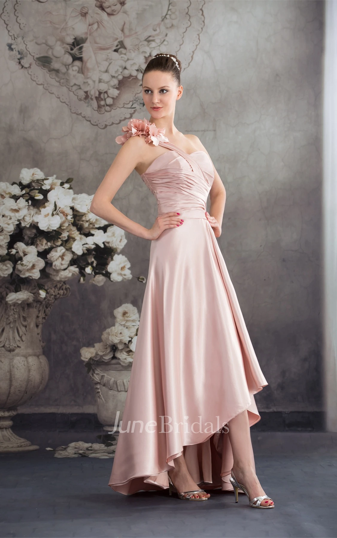 Sleeveless High-Low Pleated Dress with Ruching and Floral Epaulet