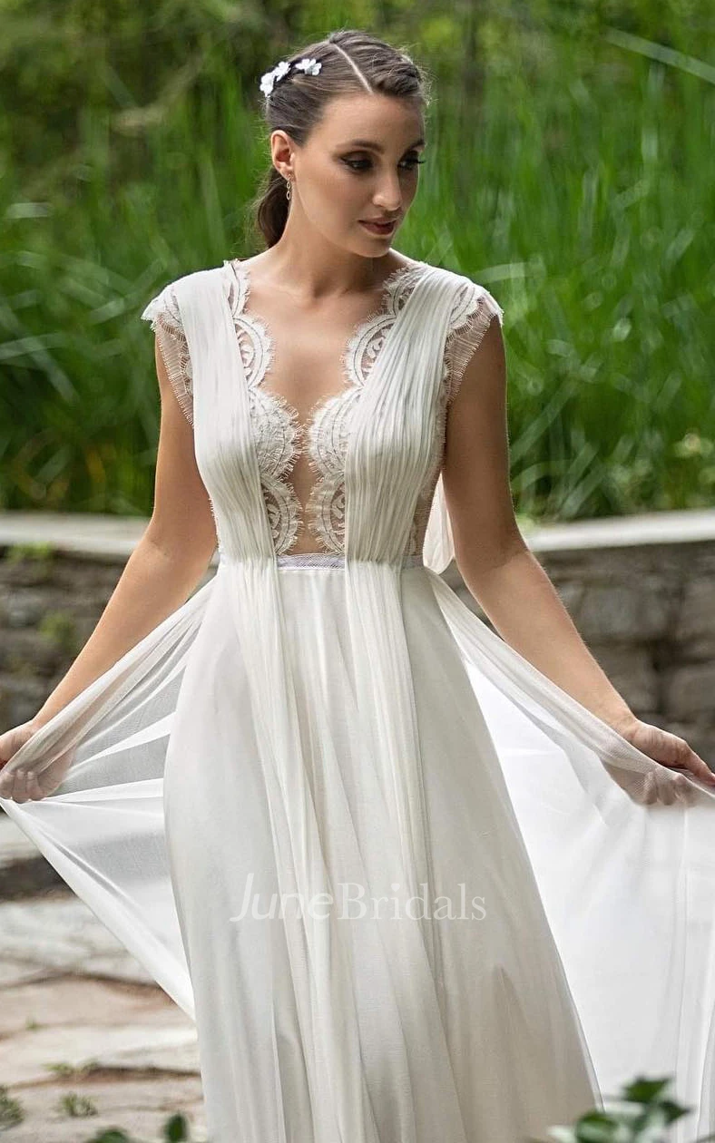 Greek A-Line Plunging Neckline Chiffon Lace Spring Wedding Dress With Open Back And Pleats
