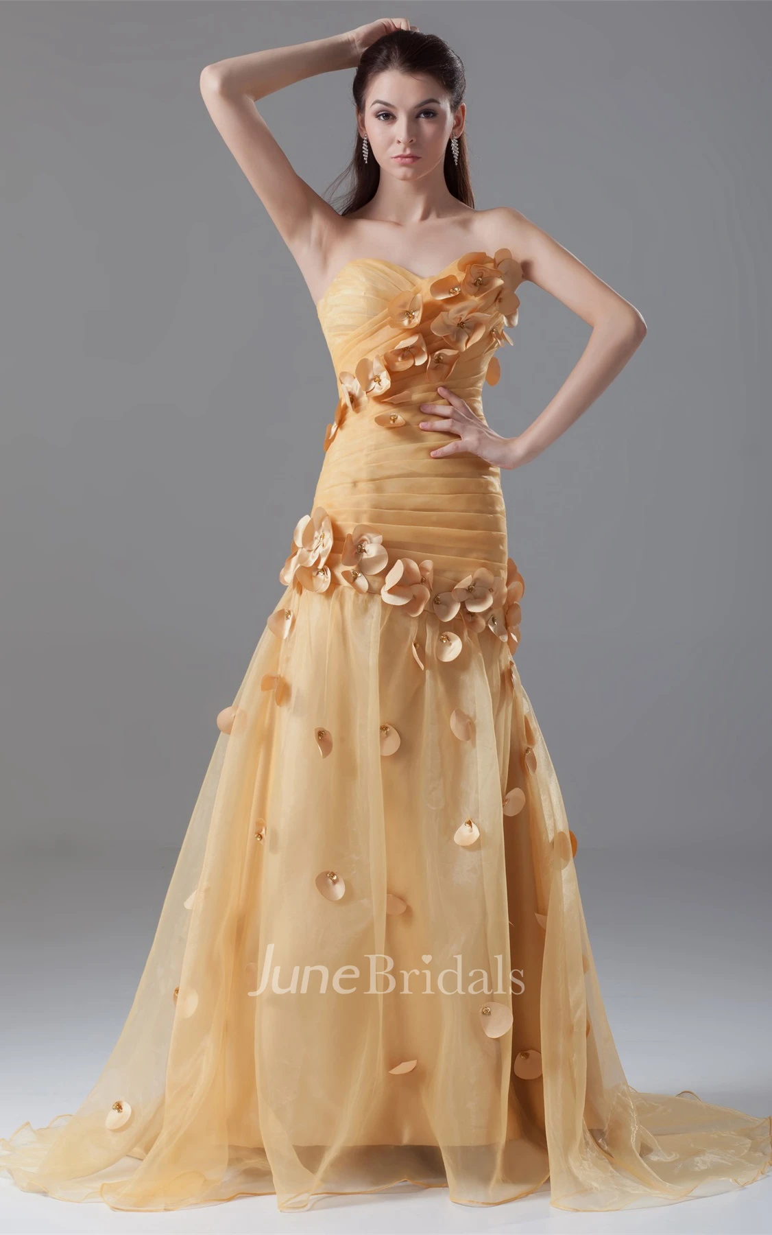 sweetheart tulle criss-cross dress with ruching and flower