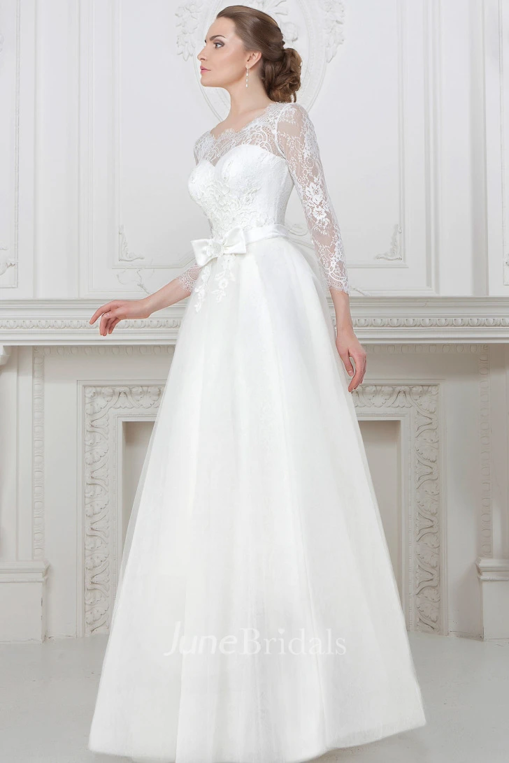 A-Line Long-Sleeve High-Low Scoop-Neck Lace Wedding Dress With Lace Up