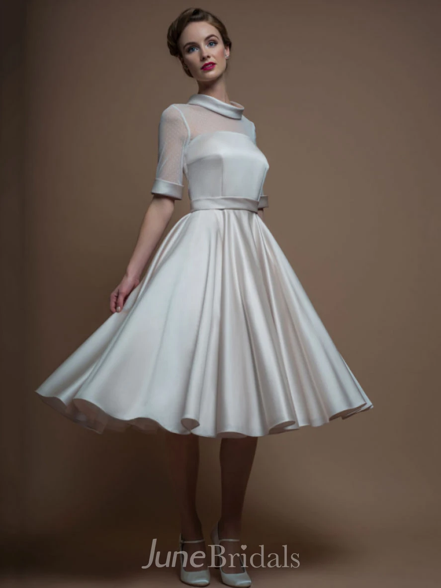 A-Line Tea-Length High Neck Sleeveless Satin Wedding Dress With Illusion