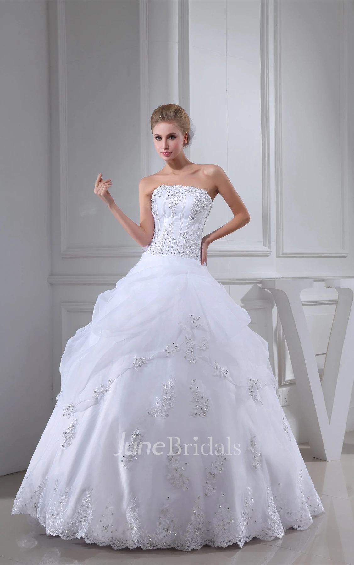 Strapless A-Line Pick-Up Ball Gown with Appliques and Beading