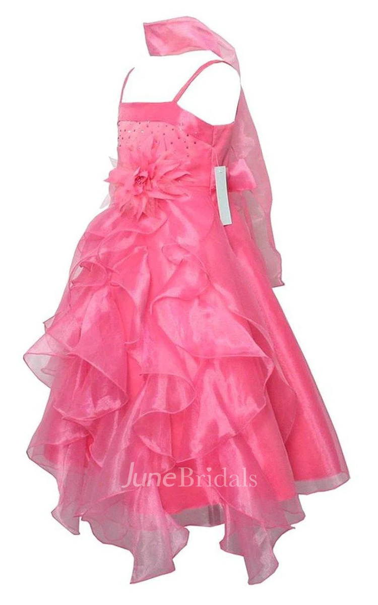 Sleeveless A-line Ruffled Dress With Flower and Straps