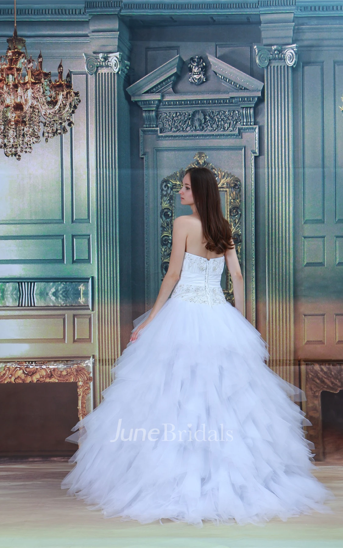 strapless a-line ball ruffled gown with rhinestone and ruching