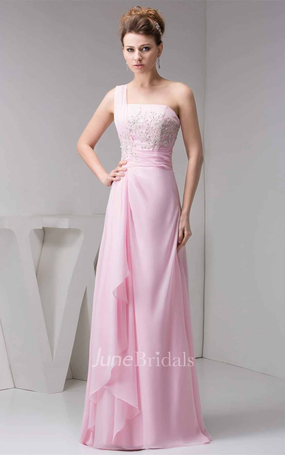 One-Shoulder Chiffon Draped Gown with Appliques and Beading