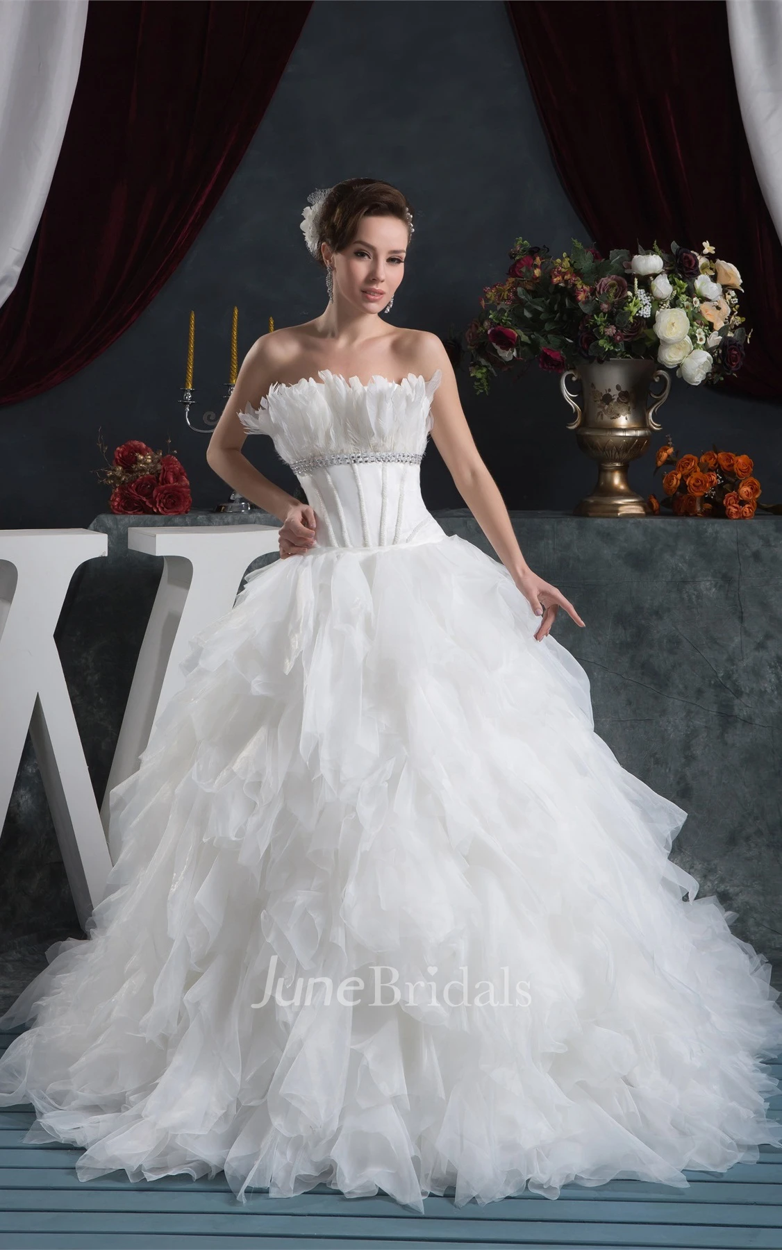 Strapless Ruffled A-Line Gown with Tiers and Jeweled Waist