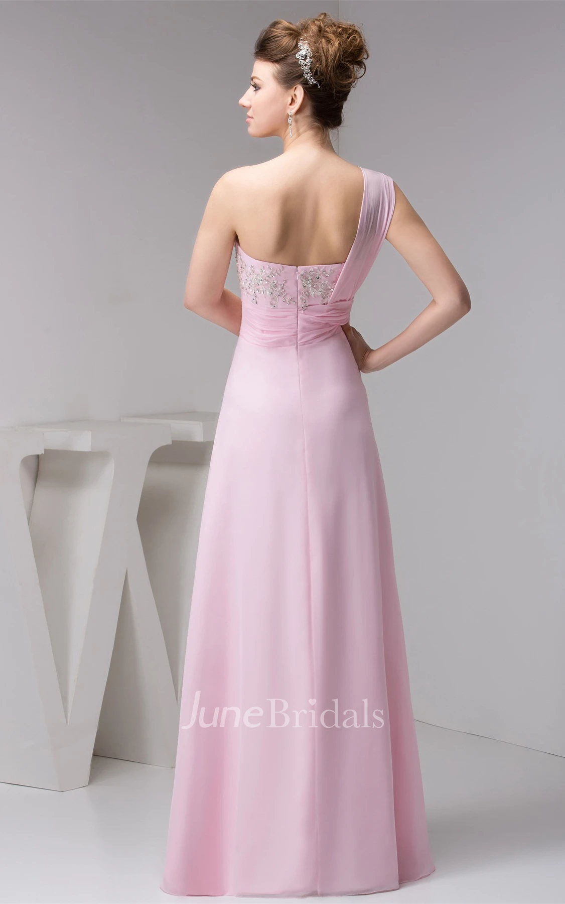 One-Shoulder Chiffon Draped Gown with Appliques and Beading