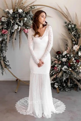 Sexy Sheath V-neck Long Sleeves Pleat Wedding Dress with Sweep Train