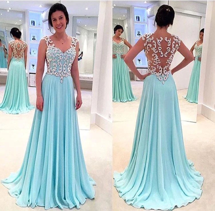 Newest Lace Appliques Chiffon Prom Dress A-line Straps