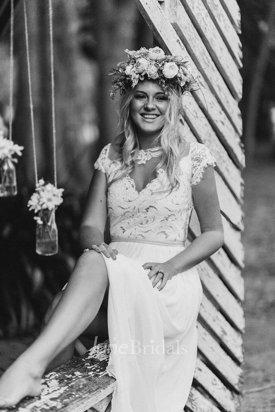 Illusion Jewel Neck Cap Sleeve High-Low Chiffon Wedding Dress With Lace Sequined Bodice