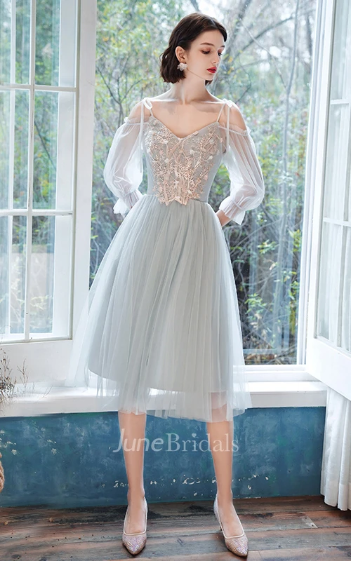 Casual Tulle Bateau Halter Off-the-shoulder A Line Cocktail Homecoming Dress With Appliques