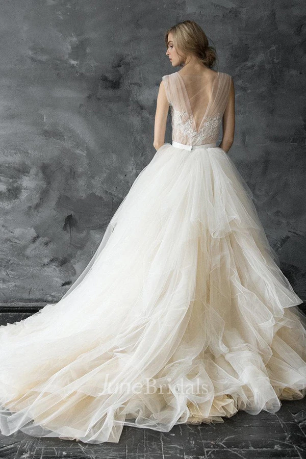 Plunged Sleeveless A-Line Tulle Ball Gown With Lace And Court Train