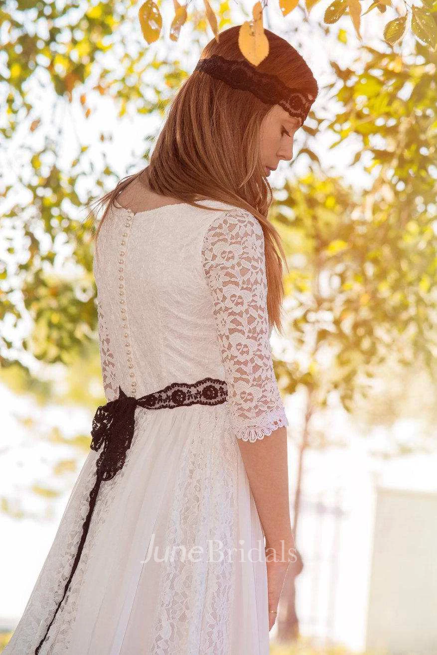 Bateau Lace Half Sleeve Pleated Wedding Dress With Lace Ribbon