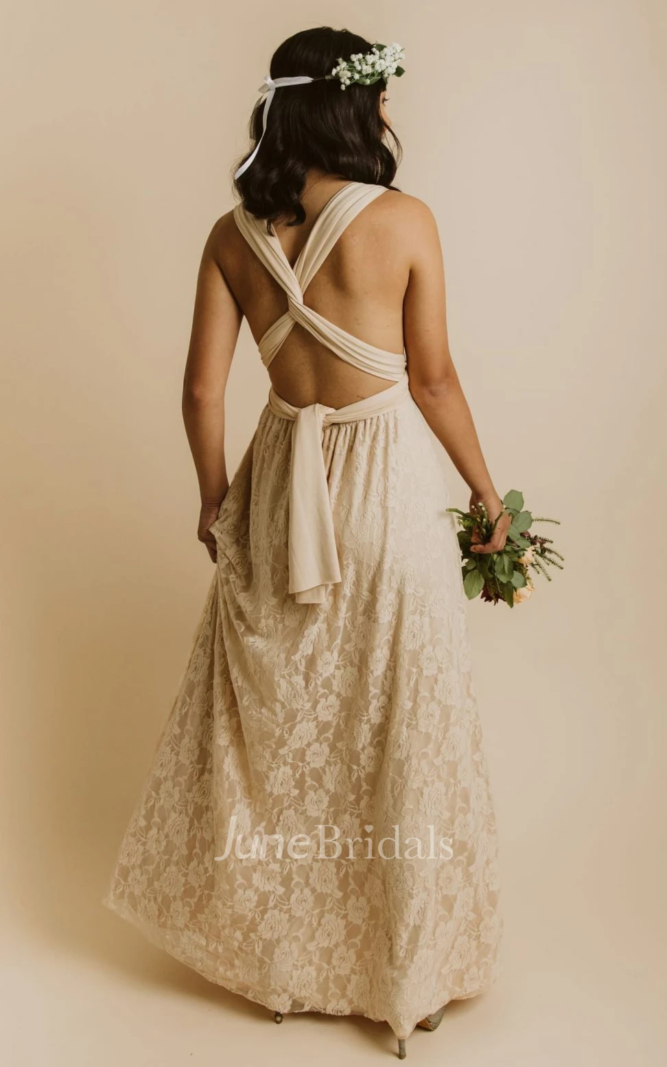 Casual Romantic A-Line Convertible Straps Jersey Bridesmaid Dress With Tied Back And Sash