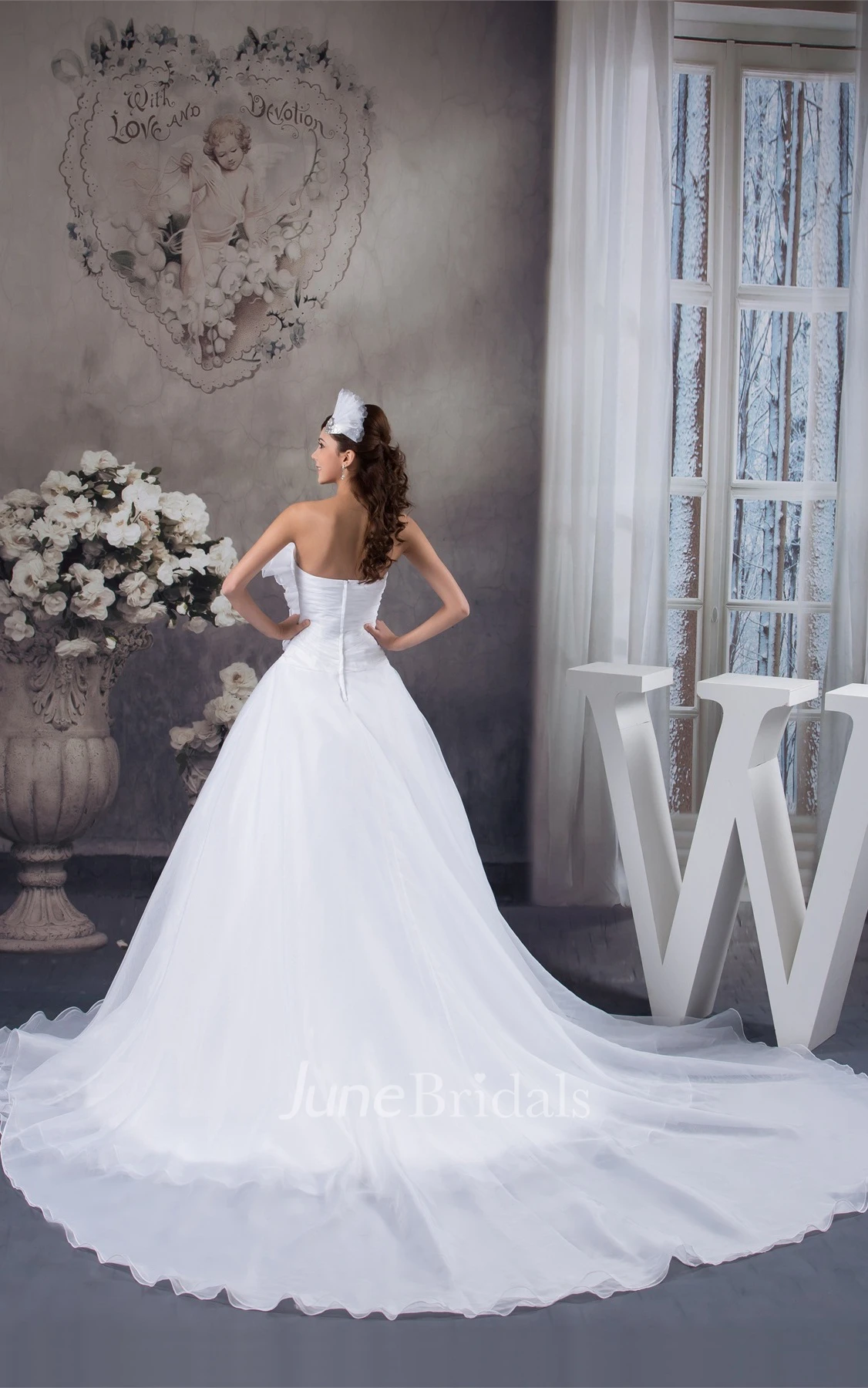Strapless Ruched Pick-Up Gown with Flower and Ribbon