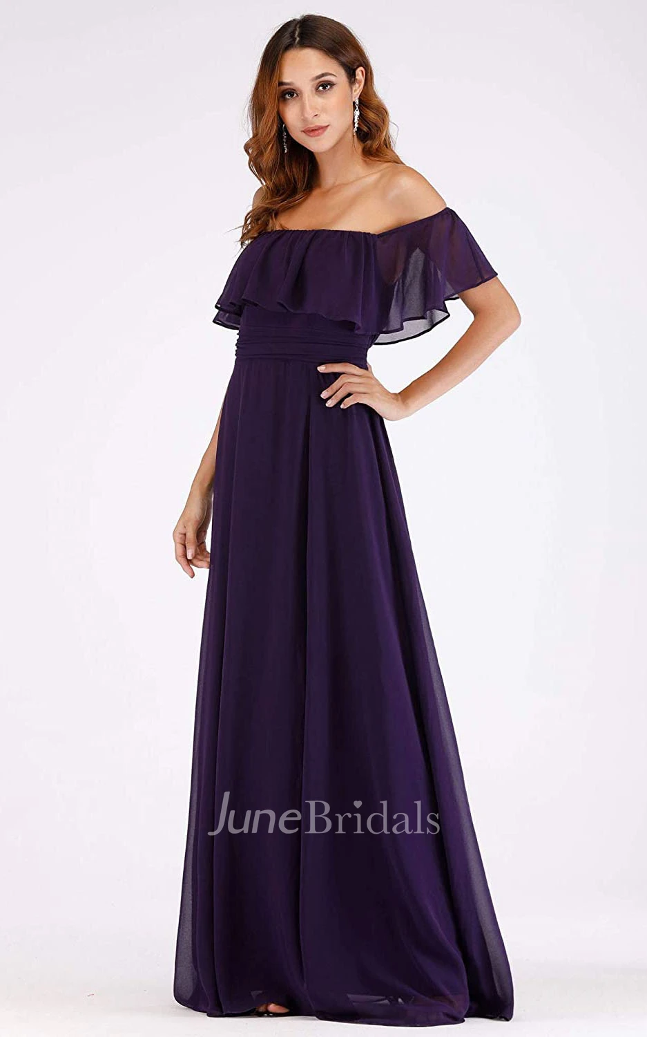 A Line Off-the-shoulder Chiffon Prom Dress With Ruffles and Split Front