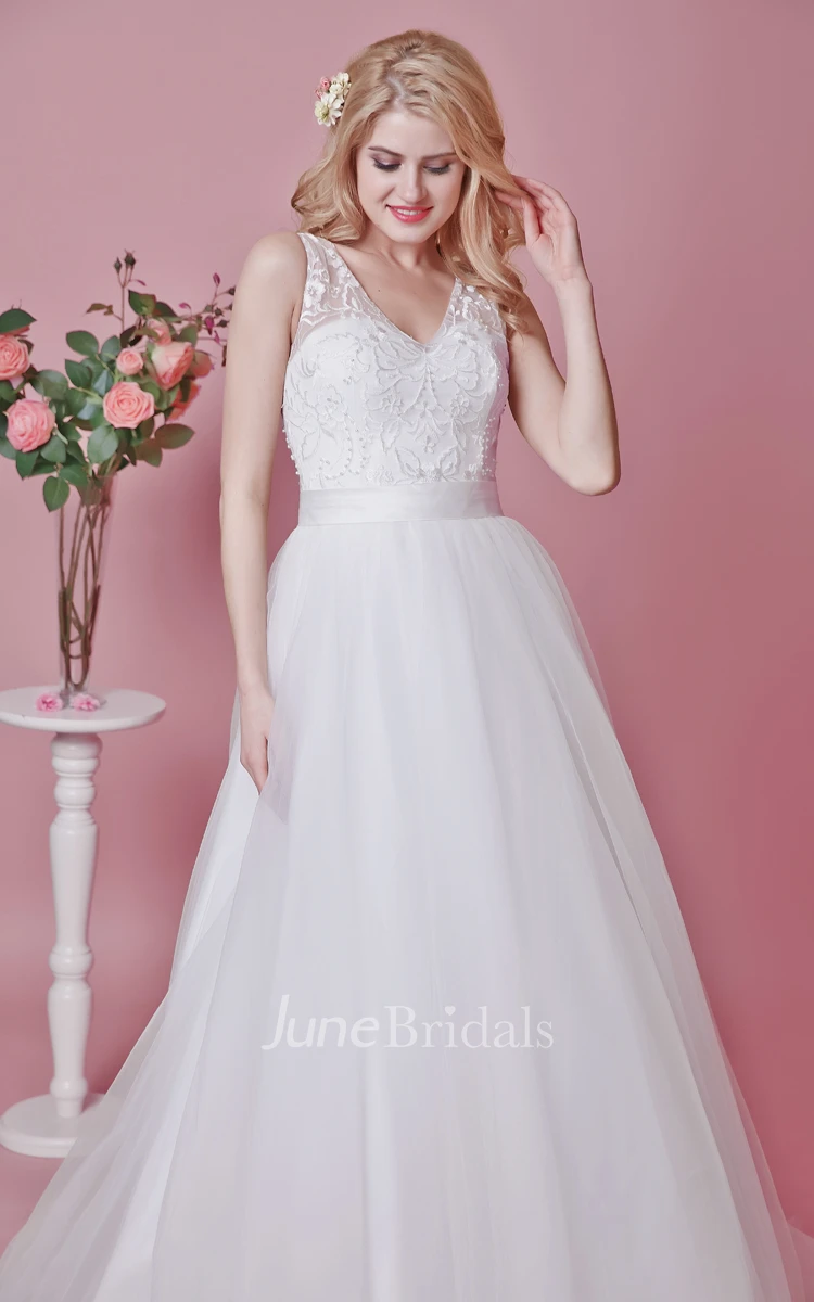 Noble Lace-appliqued and Tulle Gown With Illusion Back and Symmetrical Lace