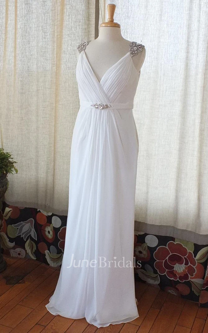 V-Neck Low-V Back Chiffon Wedding Dress With Crystal Detailing And Ruching