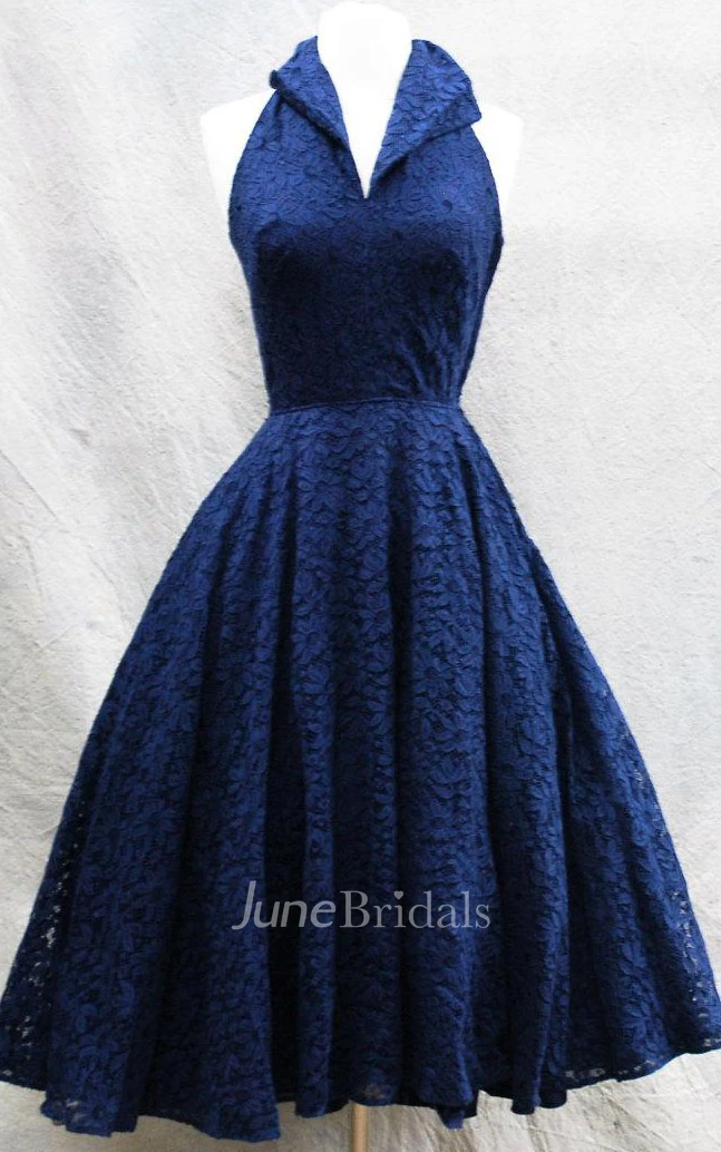 Vintage Halter A-line Knee-length Lace Dress
