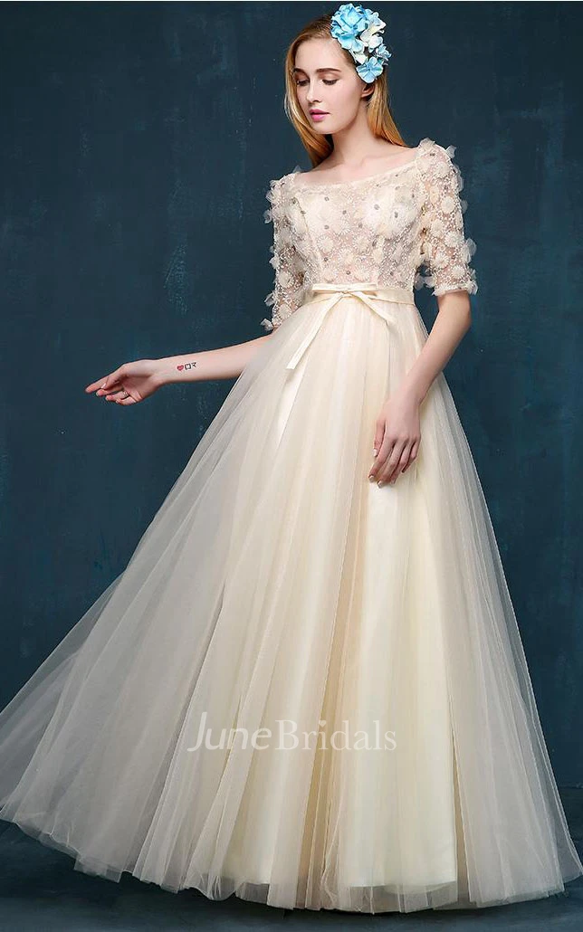 Floor-length Bell Illusion Tulle Satin Pleats Bow Dress