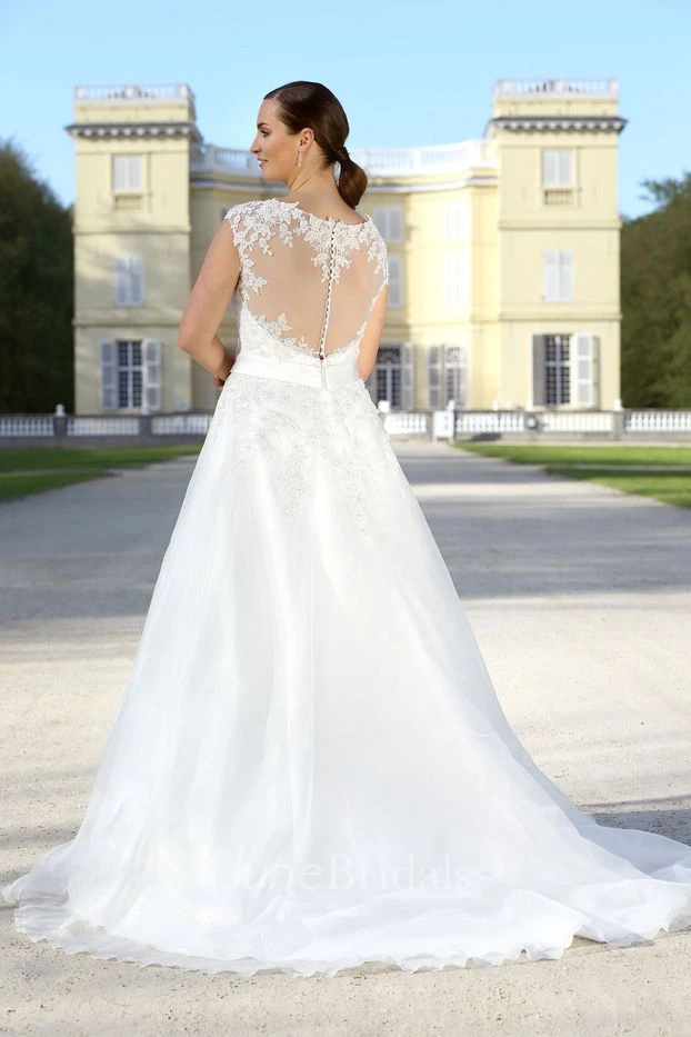 A-Line Long V-Neck Cap Satin Bow Appliques Brush Train Illusion Appliques Dress