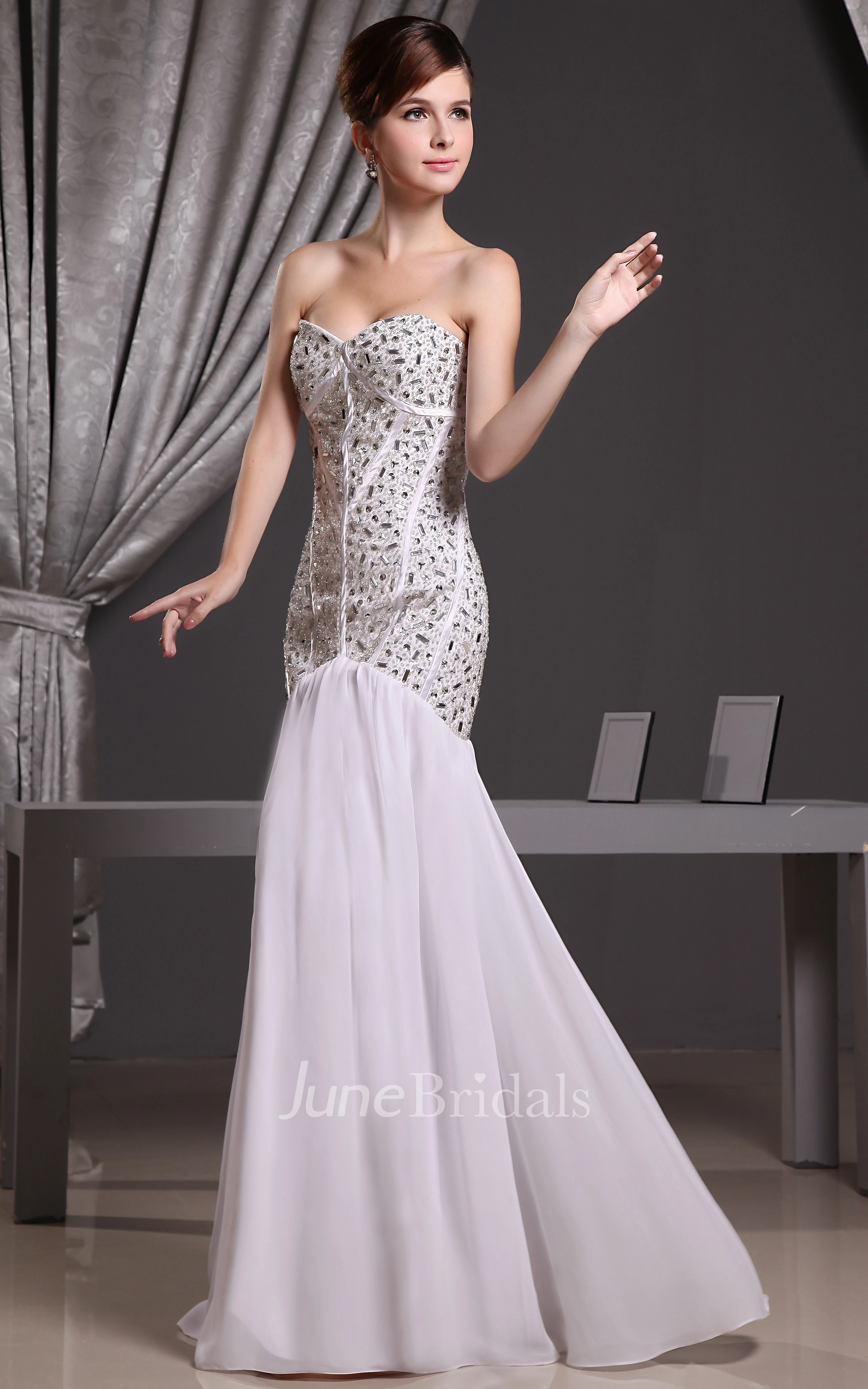 Strapless Chiffon Floor-Length Sheath Dress With Beading