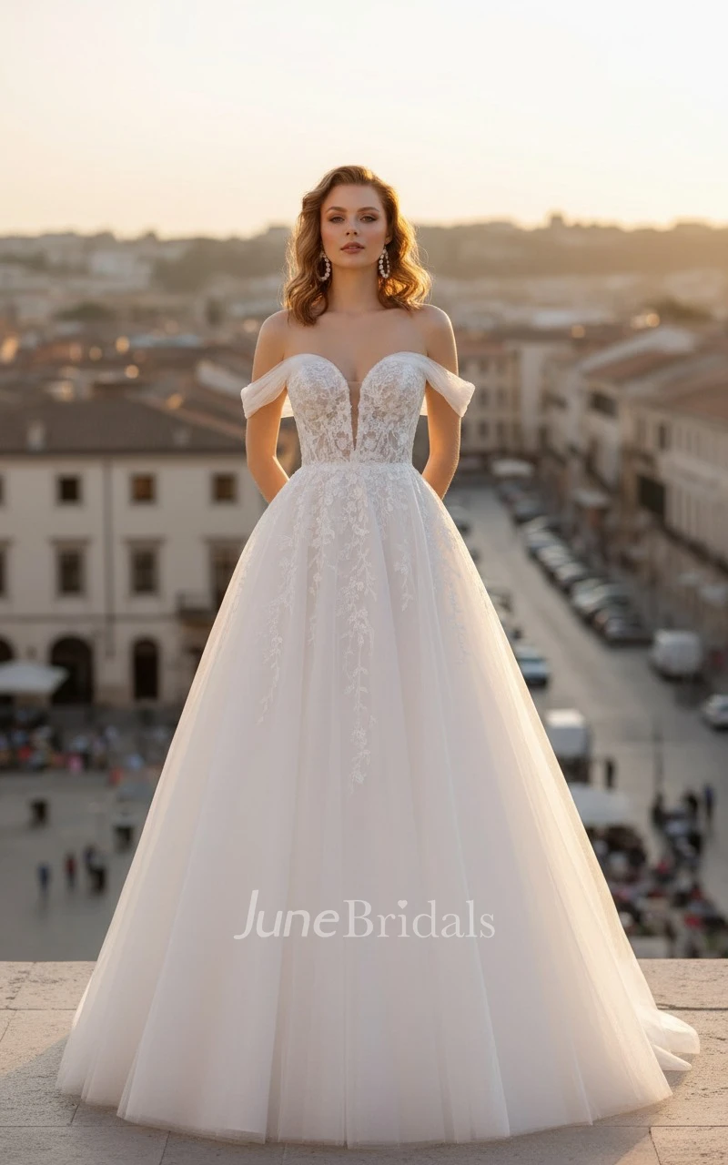 Romantic Off Shoulder A-Line Spring Wedding Dress with Plunging Neckline Elegant Lace Tulle Court Train
