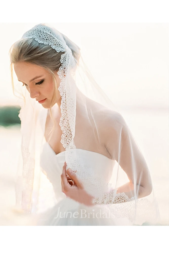 Vintage Style Long Tulle Wedding Veil with Lace Edge