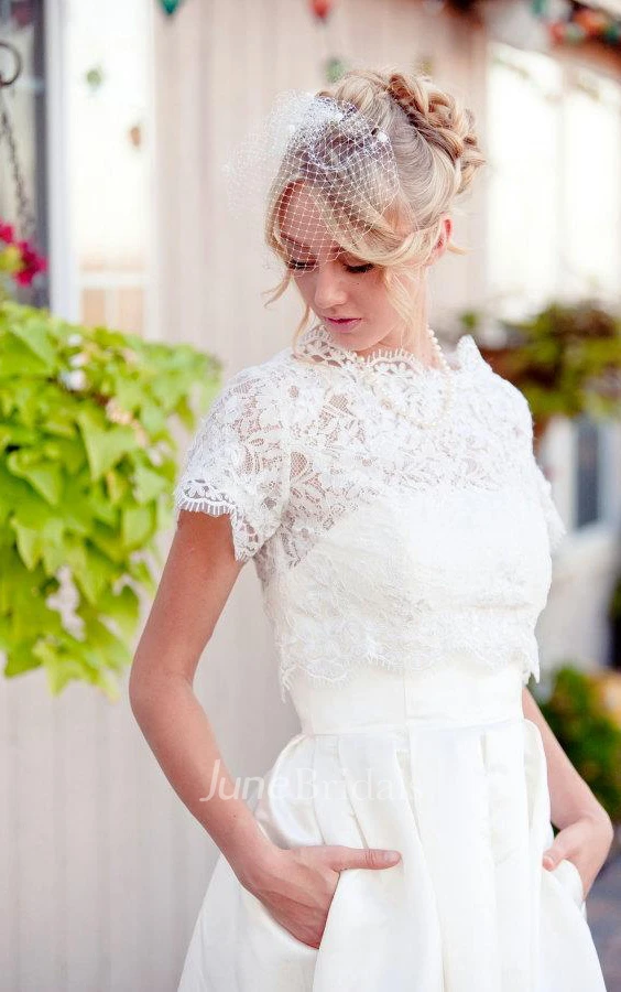 Scalloped Short Sleeve Satin Wedding Dress With Lace And Button Back
