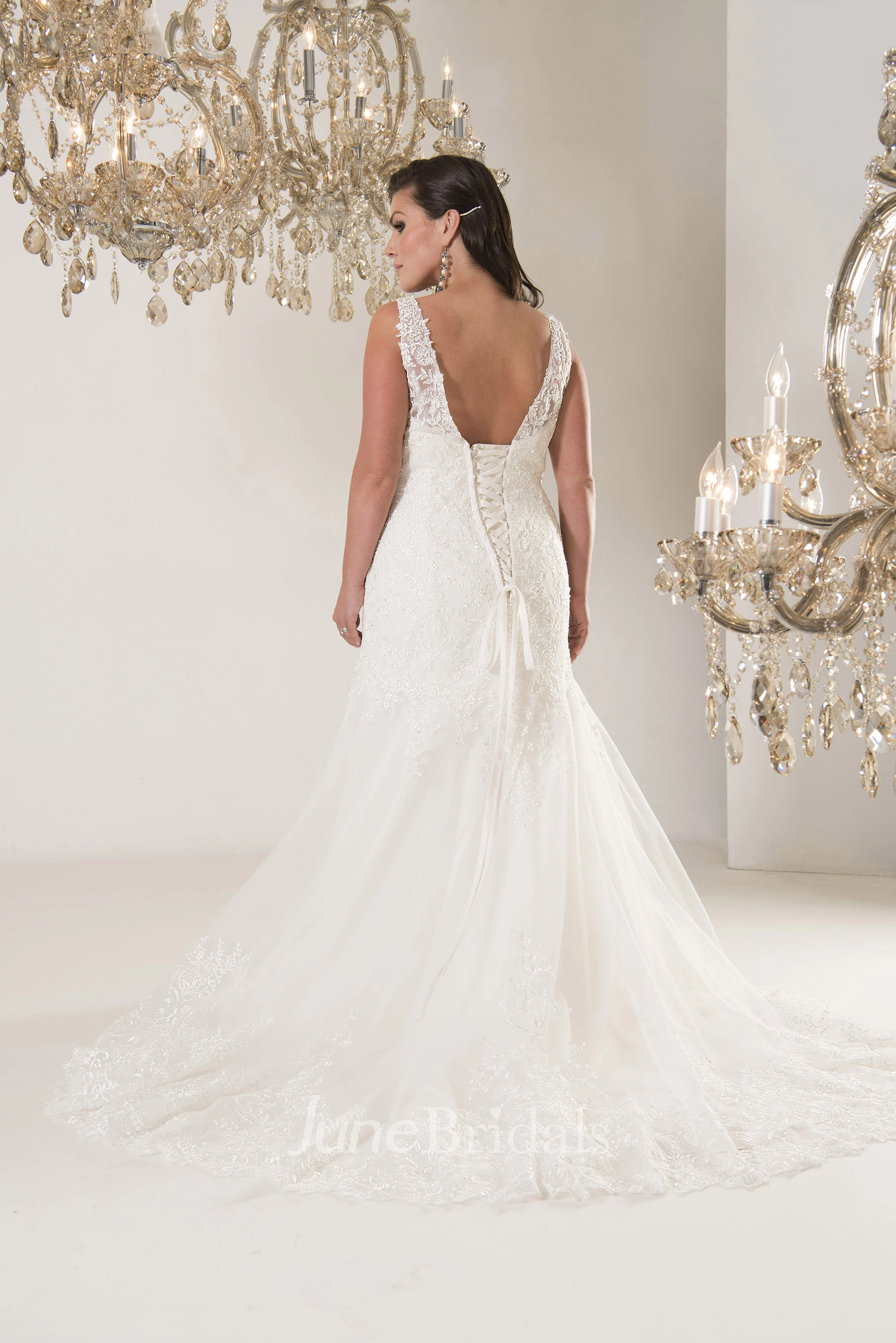 Trumpet Long V-Neck Sleeveless Tulle Court Train Corset Back  Dress