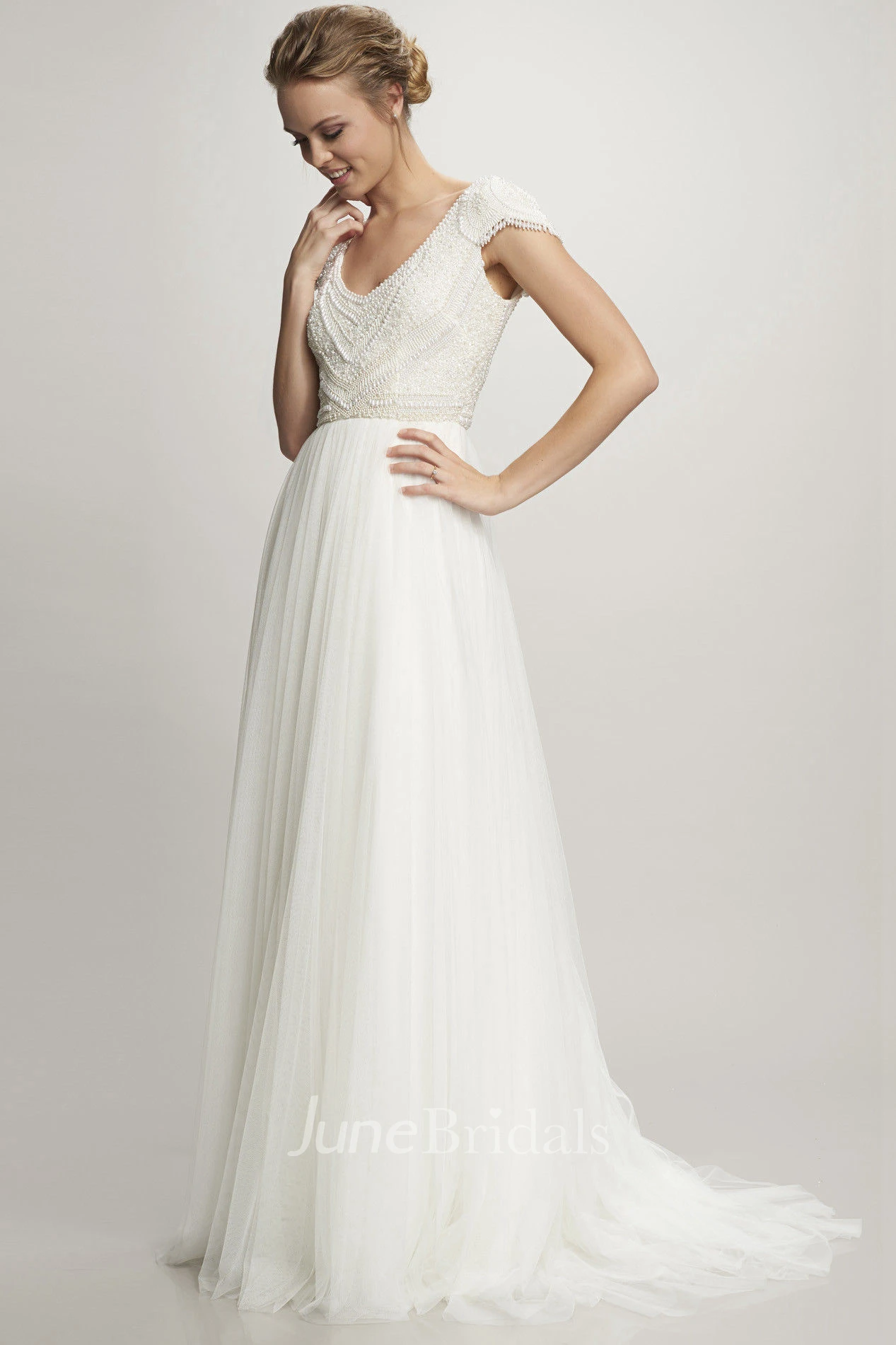 A-Line Cap-Sleeve Maxi V-Neck Tulle Wedding Dress With Beading And V Back