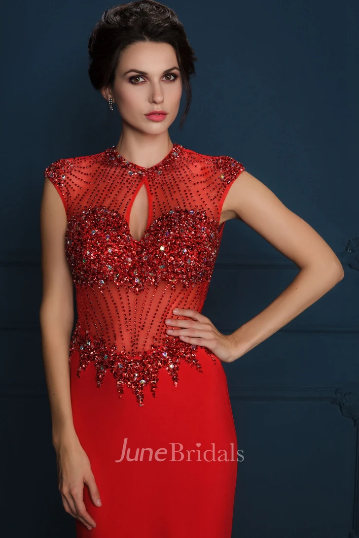Sheath Floor-Length Crystal Cap-Sleeve Jewel-Neck Jersey Evening Dress