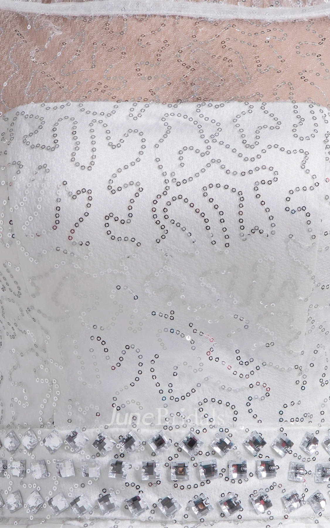 Off-The-Shoulder Satin A-Line Gown with Illusion and Gemmed Waist