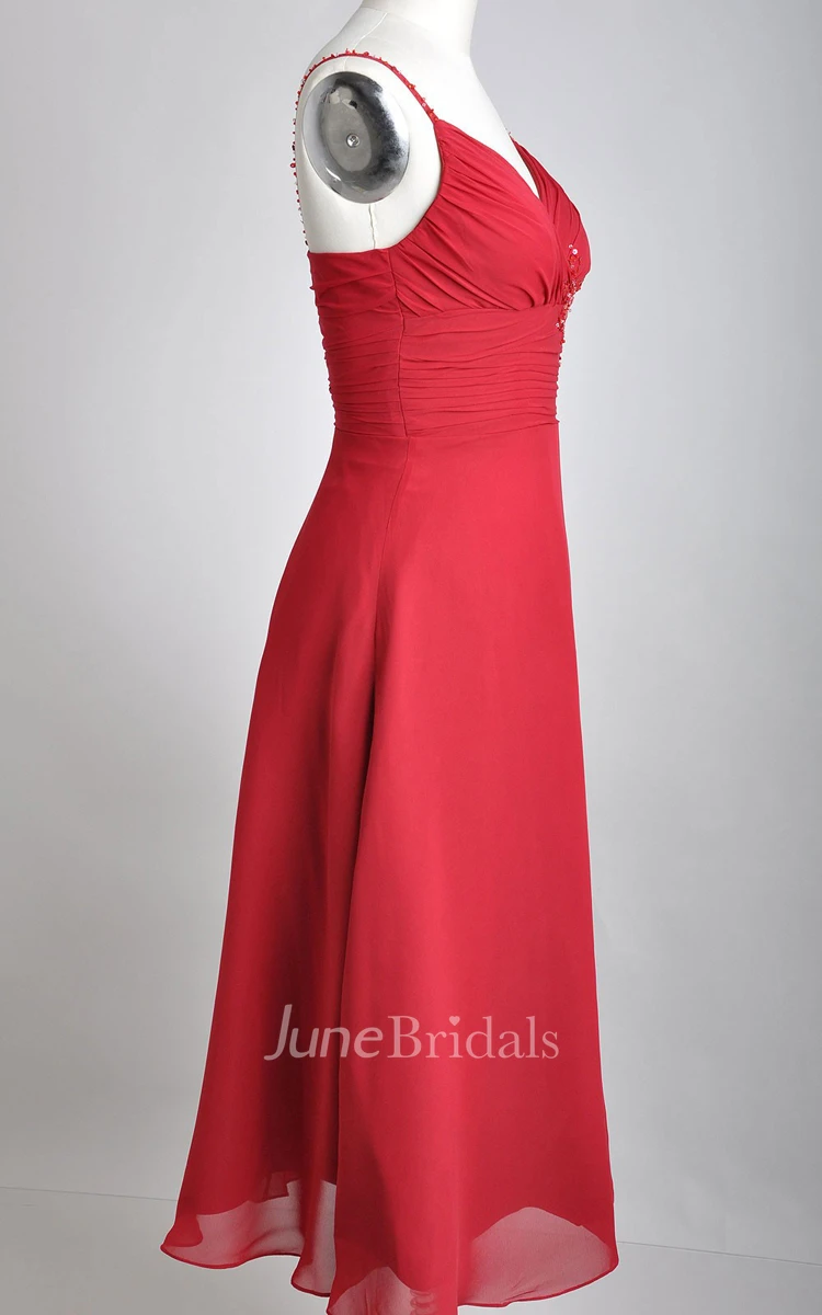 Spaghetti Flowing Tea-length Chiffon Dress with Sequins